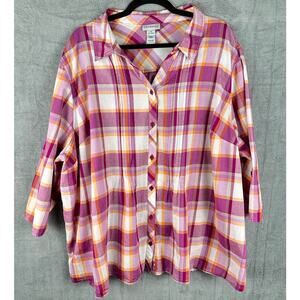 Catherines Top Womens 3X Purple Plaid Button Down Roll Sleeve Tunic Cottagecore